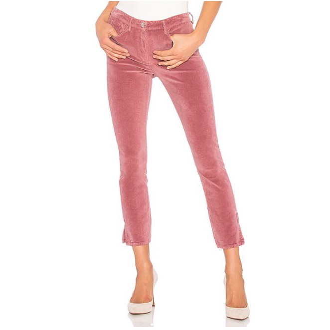 3x1 Designer Higher Ground Rosette Pink Velvet Straight Leg Ankle Slit Jeans